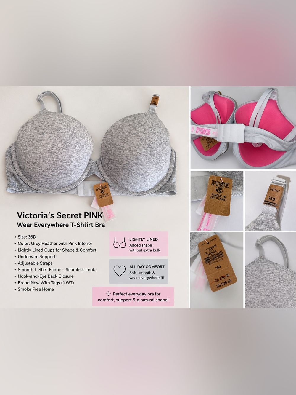 Victoria’s Secret PINK Wear Everywhere T-Shirt Bra 36D Heather Gray NWT